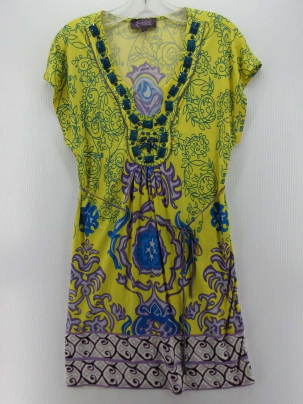 Hale Bob Dress Small Silk Beaded Shift Boho Floral Paisley Belted